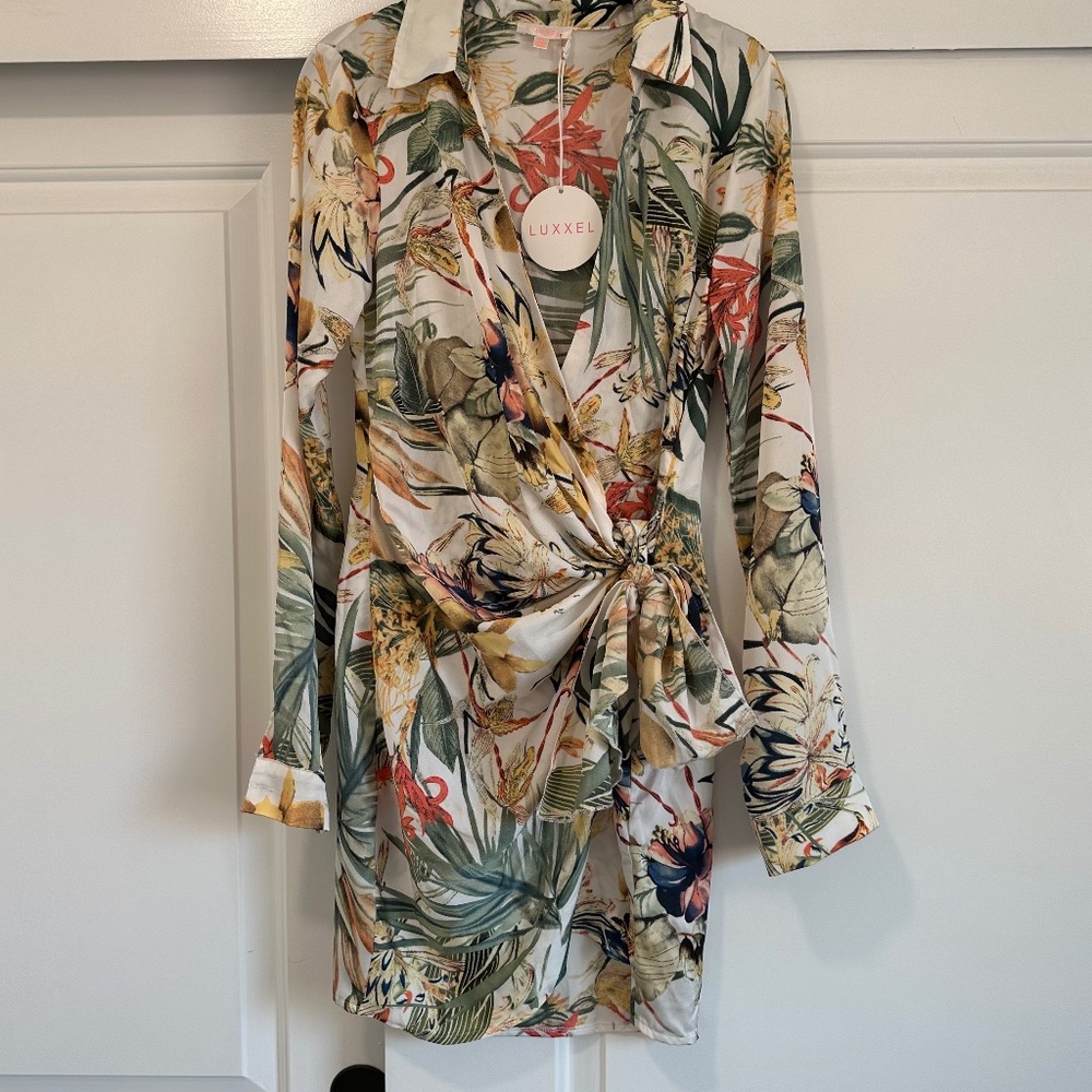 Luxxel White Floral Tropical Wrap Mini Dress with Green and Yellow Accents